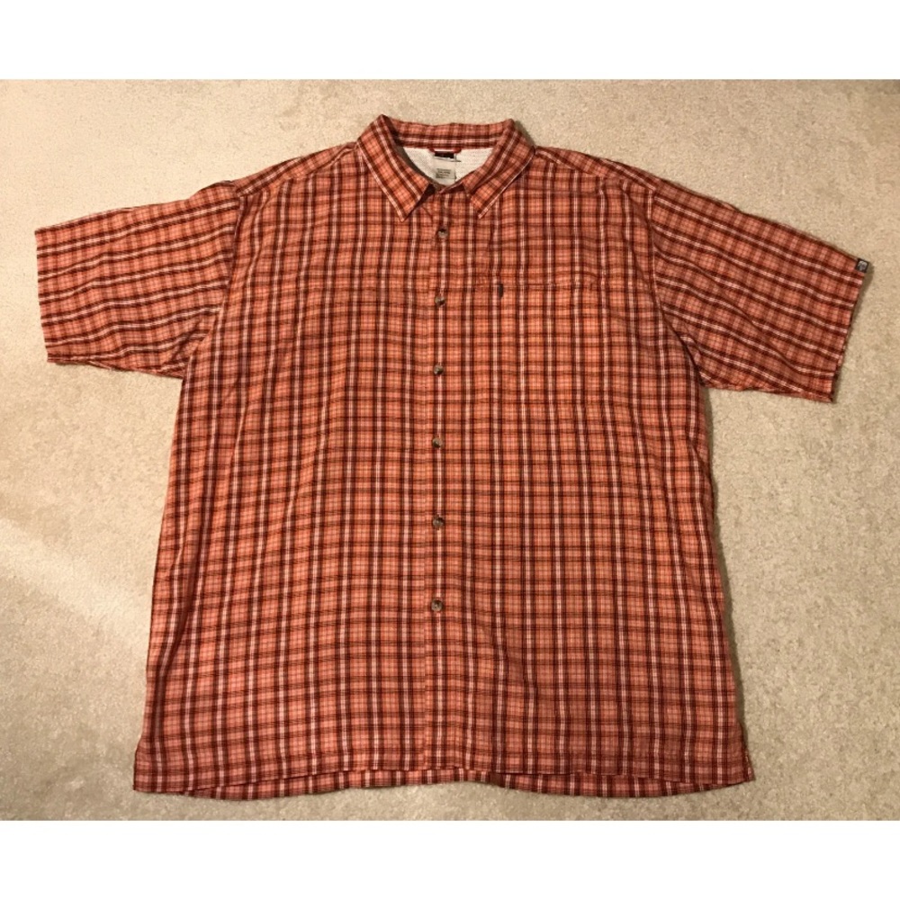 North Face Short Sleeve Button Down Shirt Orange Plaid Zipper Pocket Size XXL